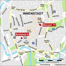 Detailkarte Innenstadt Braunschweig mit der Markierung der Standorte des OLG Braunschweig am Bankplatz und in der Münzstraße
