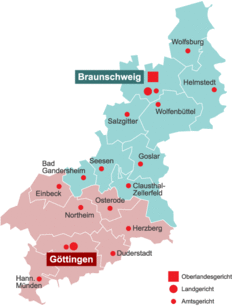 Übersichtskarte des Gerichtsbezirks des Oberlandesgerichts Braunschweig