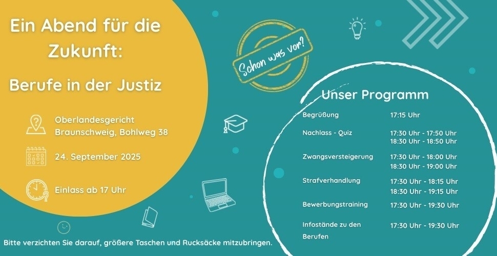 Werbebild für den Abend der Zukunft - Berufe in der Justiz am 24.09.2025 mit Programm