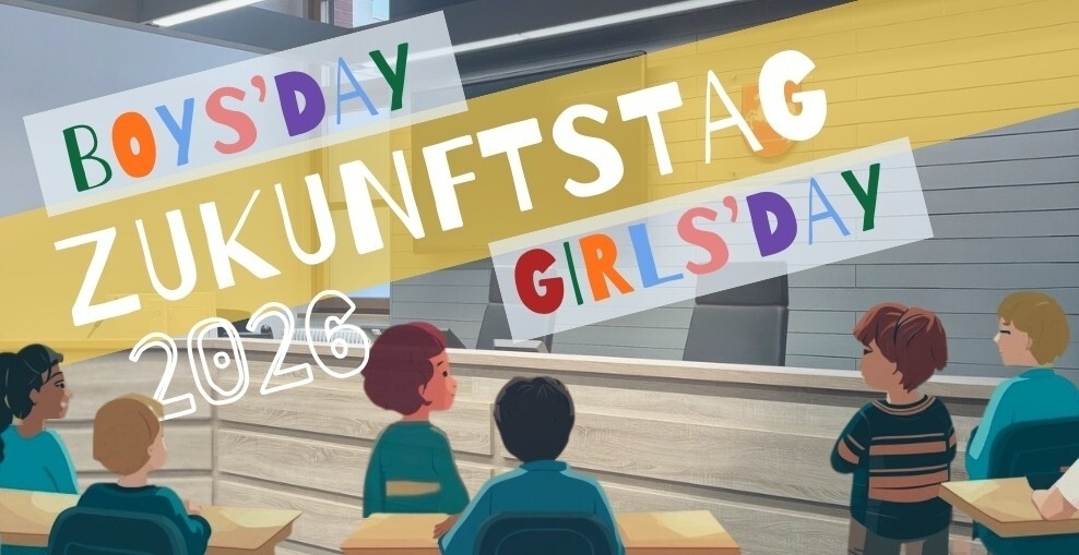 Bild eines Gerichtssaals mit Schülern bzw. Kindern im Saal und Schriftzug Zukunftstag