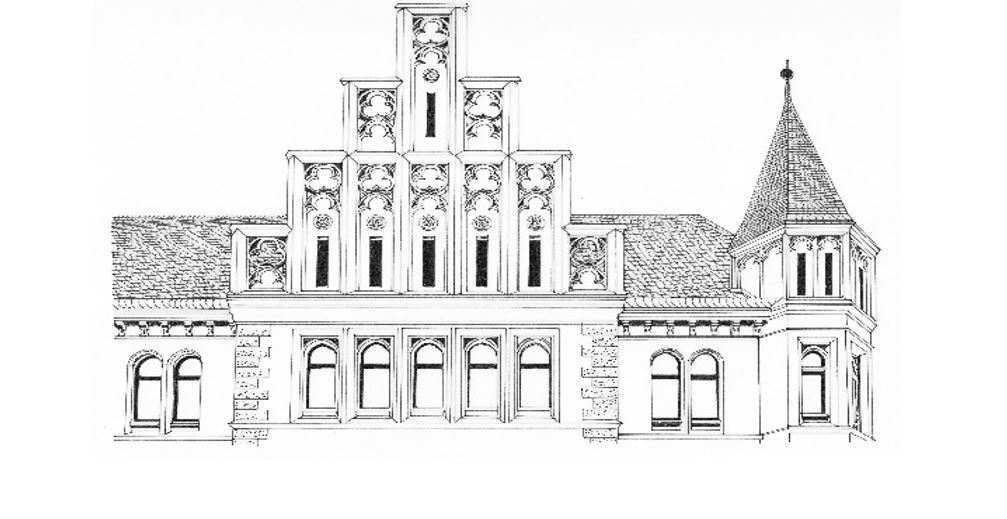 Zeichnung der Außenansicht des Gebäudes der ehemaligen Bezirksregierung Braunschweig aus der Sicht des Ruhfäutchenplatzes
